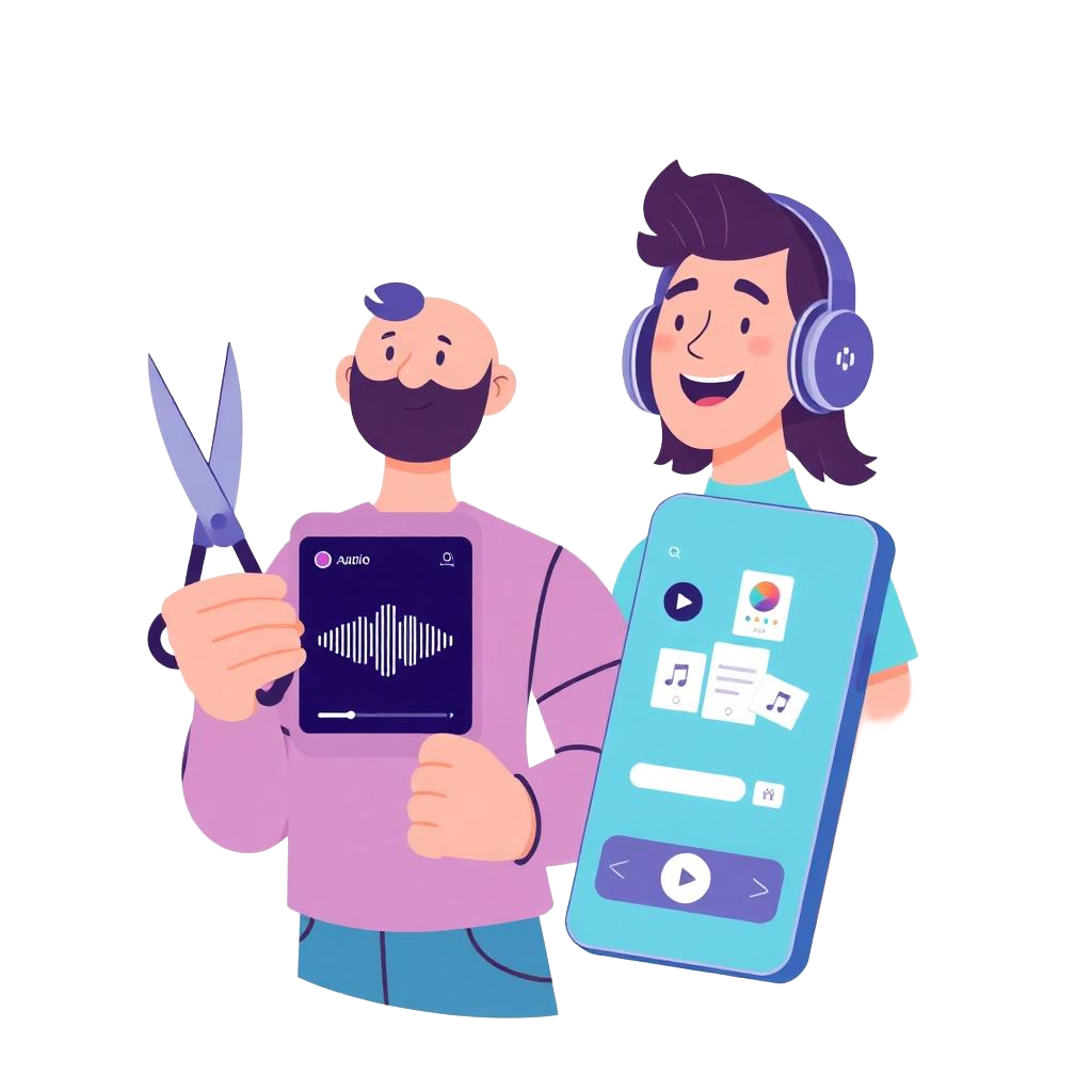 A barber and a happy customer listening to an audio ad on Fresha